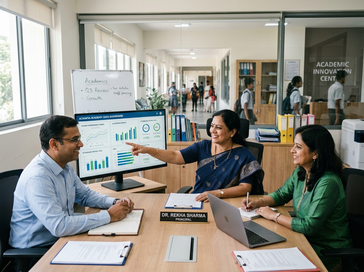 School Leadership and Administration Team Reviewing ERP Data in India - Jaiton Technologies